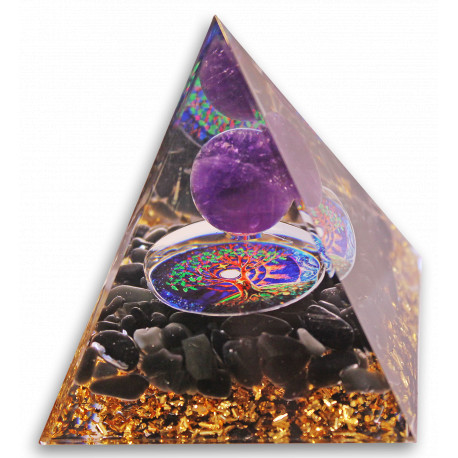 Orgonitová pyramida Strom života s Ametystem a Obsidiánem