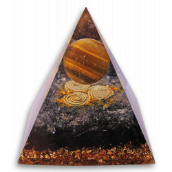 Exkluzívní orgonitová pyramida s koulí Tygřího oka a zlatým symbolem Triskelu